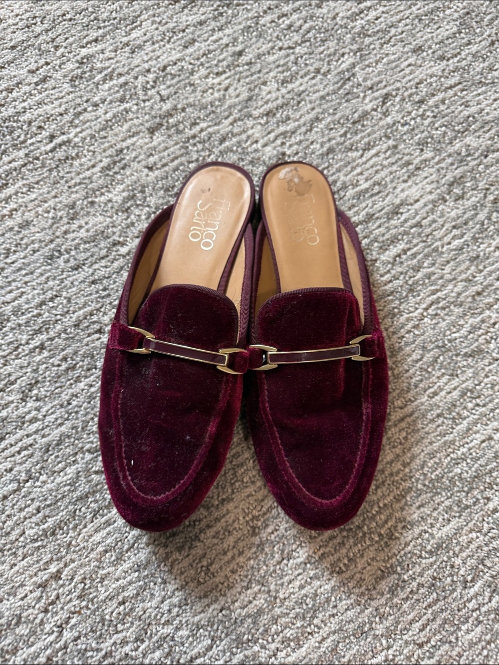 Franco Sarto Wine Velvet Slip-On Loafers with Gold Hardware